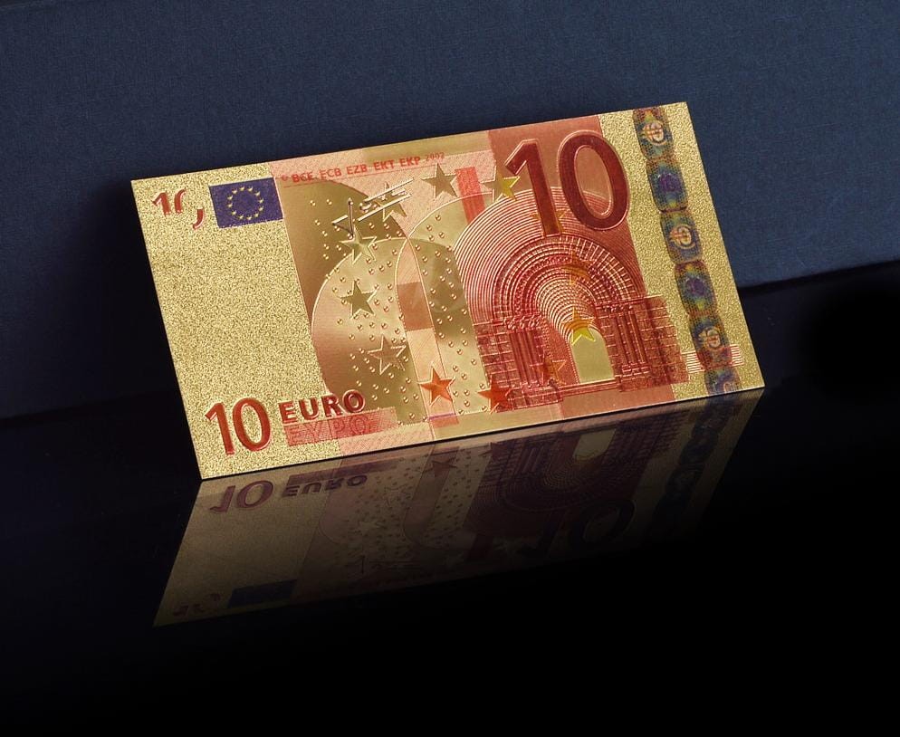 Banknot złocony, kolorowany: 10 Euro
